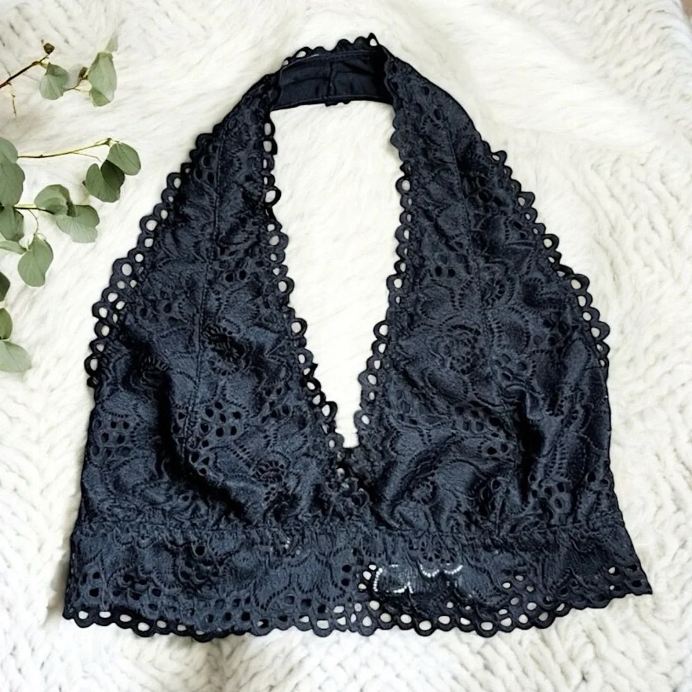NWOT ZENANA OUTFITTERS Lace Halter Bralette Black L Fairy Grunge Boho Festival - Picture 3 of 16